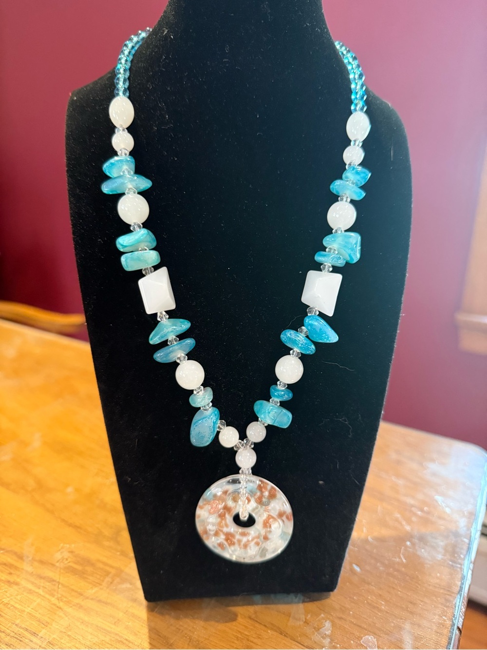 Blue Agate Beaded and glass Pendant Necklace - Women's Jewelry